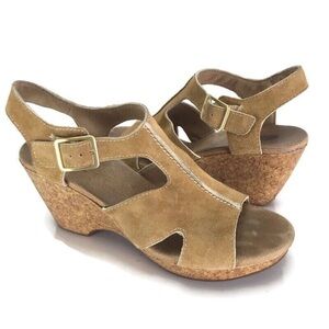 Clarks Women’s Camel Tan Leather Suede Cork Wedge Heel Shoes Sandals Size 11